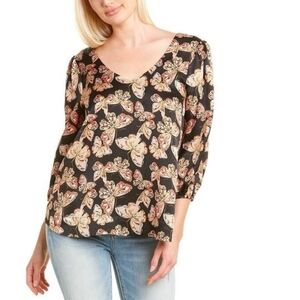 Johnny Was Akil Flowy 100% Silk Top in a black multi-color butterfly print.